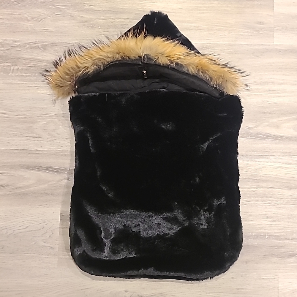 Pompon Fur Hooded Winter Stroller Bunting Bag – Black Faux Fur, Luxury Baby